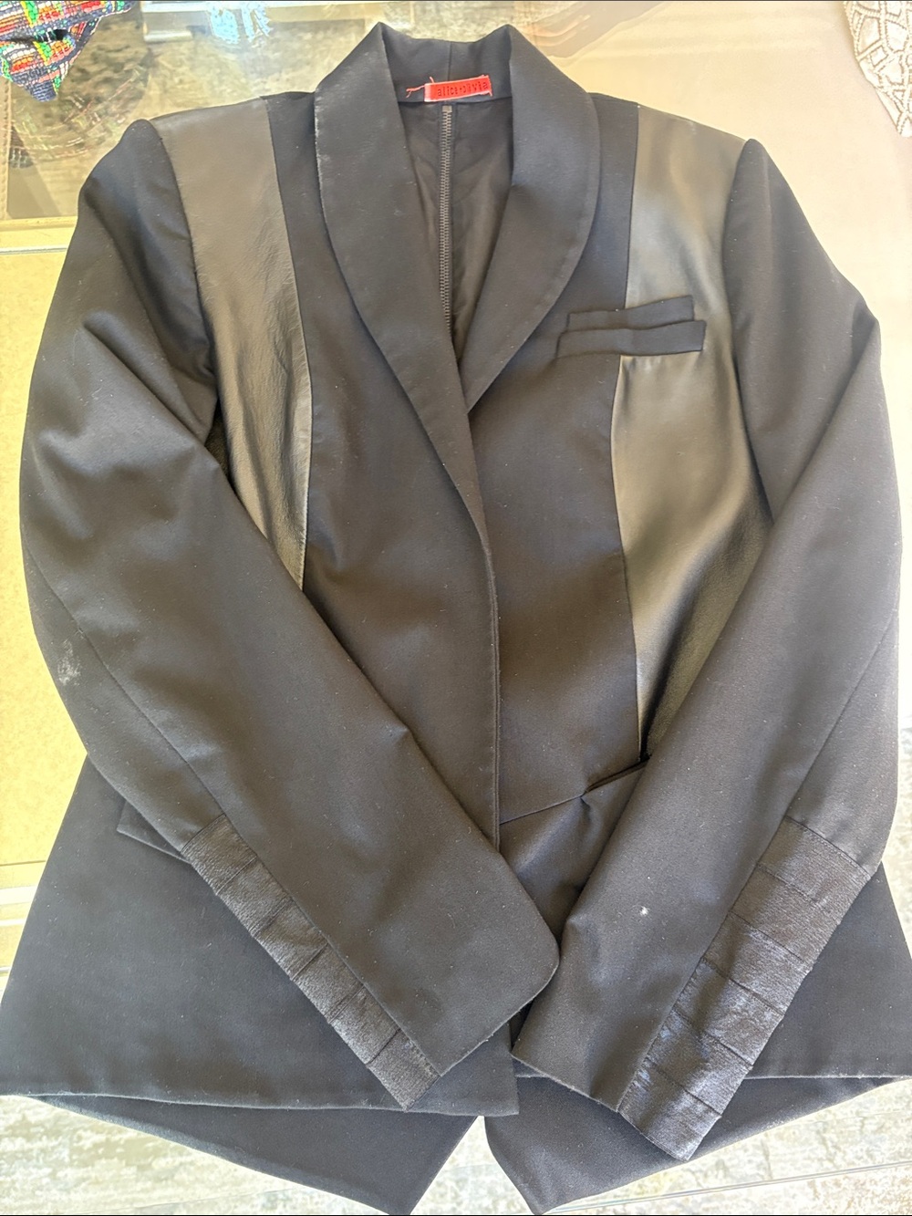 Alice + Olivia Black Mixed-Media Shawl Collar Blazer